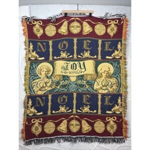 Vtg Christmas Tapestry Throw Blanket 44X55 Afghan Knit Noel Joy World Holiday